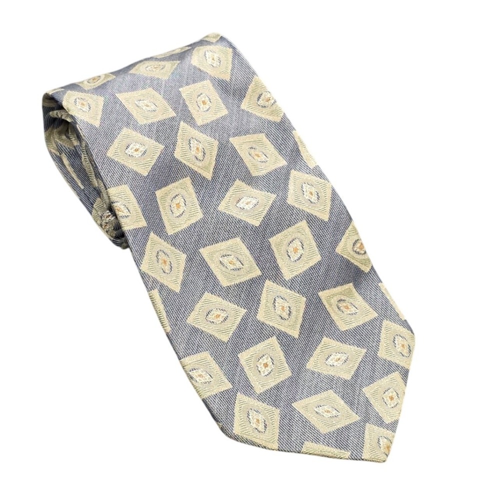 Echo Beecroft & Bull, Ltd Silk Tie Gray Gold Geometric Diamond Tailored in Italy